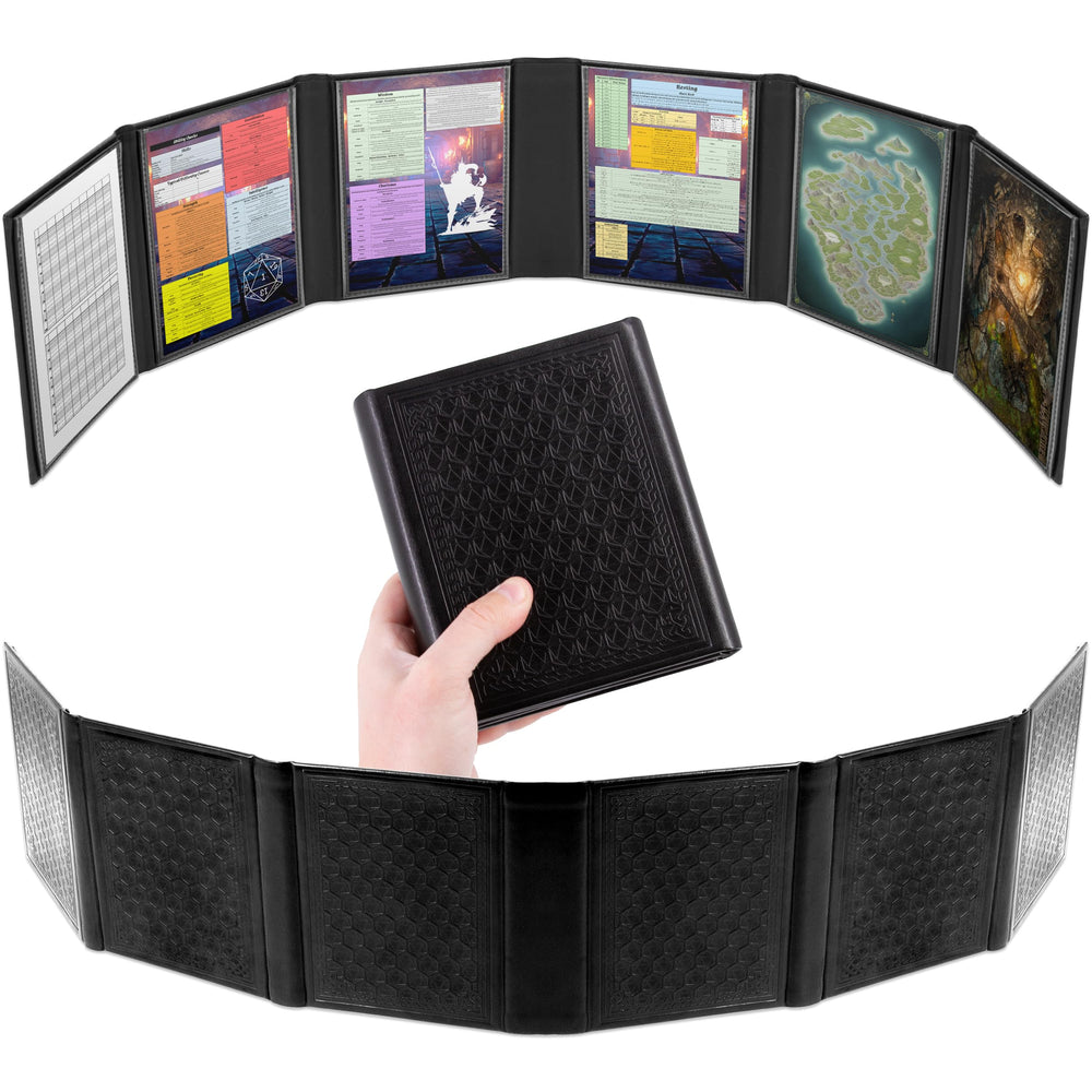 Casematix Miniature DM Screen front view with 6-panel faux leather design for immersion.