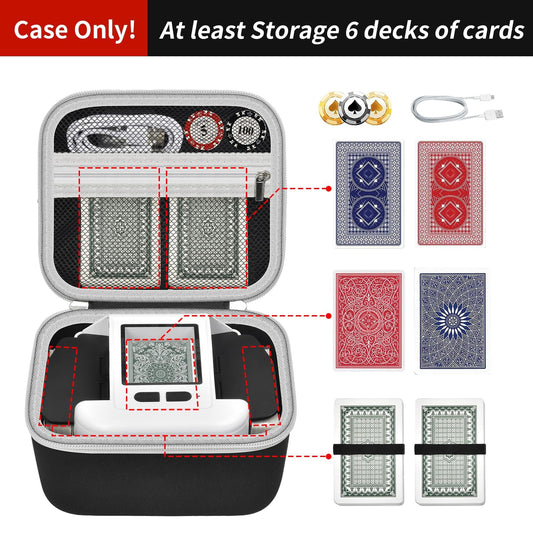 Casmilee Card Shuffler Case top compartment stores extra cards for quick setup.