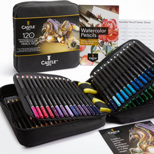Castle Art Supplies 120 watercolour pencils set in a travel-friendly case for on-the-go creativity.