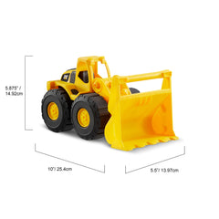 CAT articulated loader toy demonstrates movable buckets for dynamic role-play.
