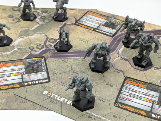 Catalyst Game Labs BattleTech 40th Edition mechs on map image, tactical terrain for immersive skirmishes.