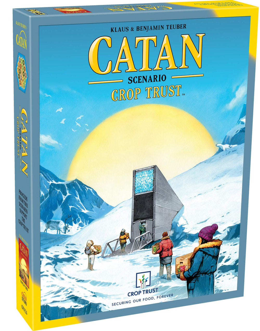 CATAN Crop Trust scenario box art with seed vault theme for family play.