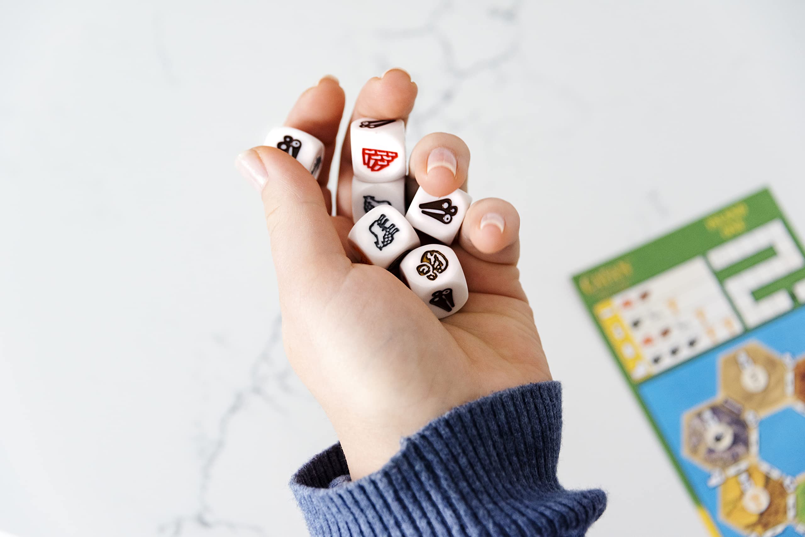 CATAN Dice Game quick-start guide visual, ready for take-anywhere play.
