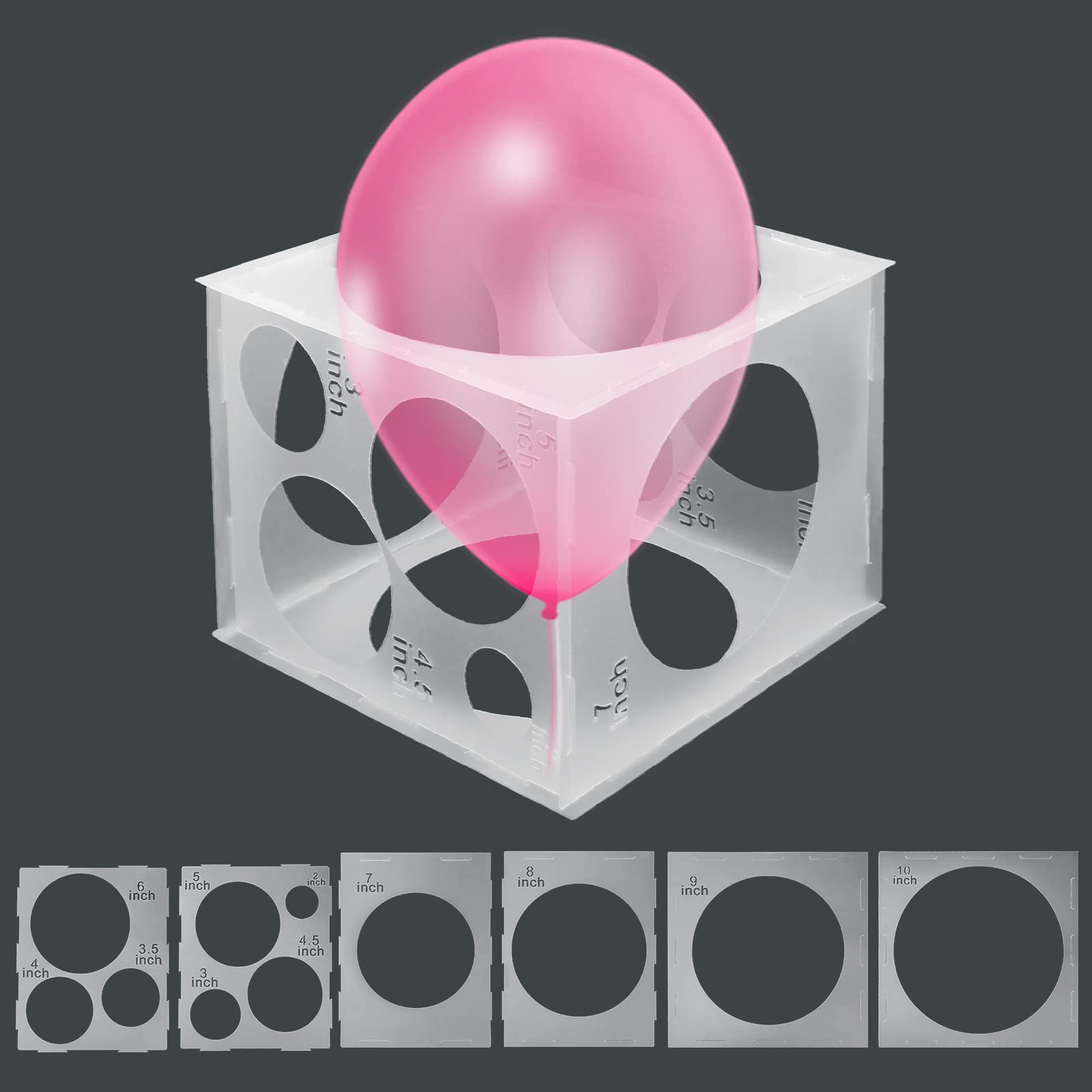 Catcan 11-hole balloon sizer cube front view for precise sizing.