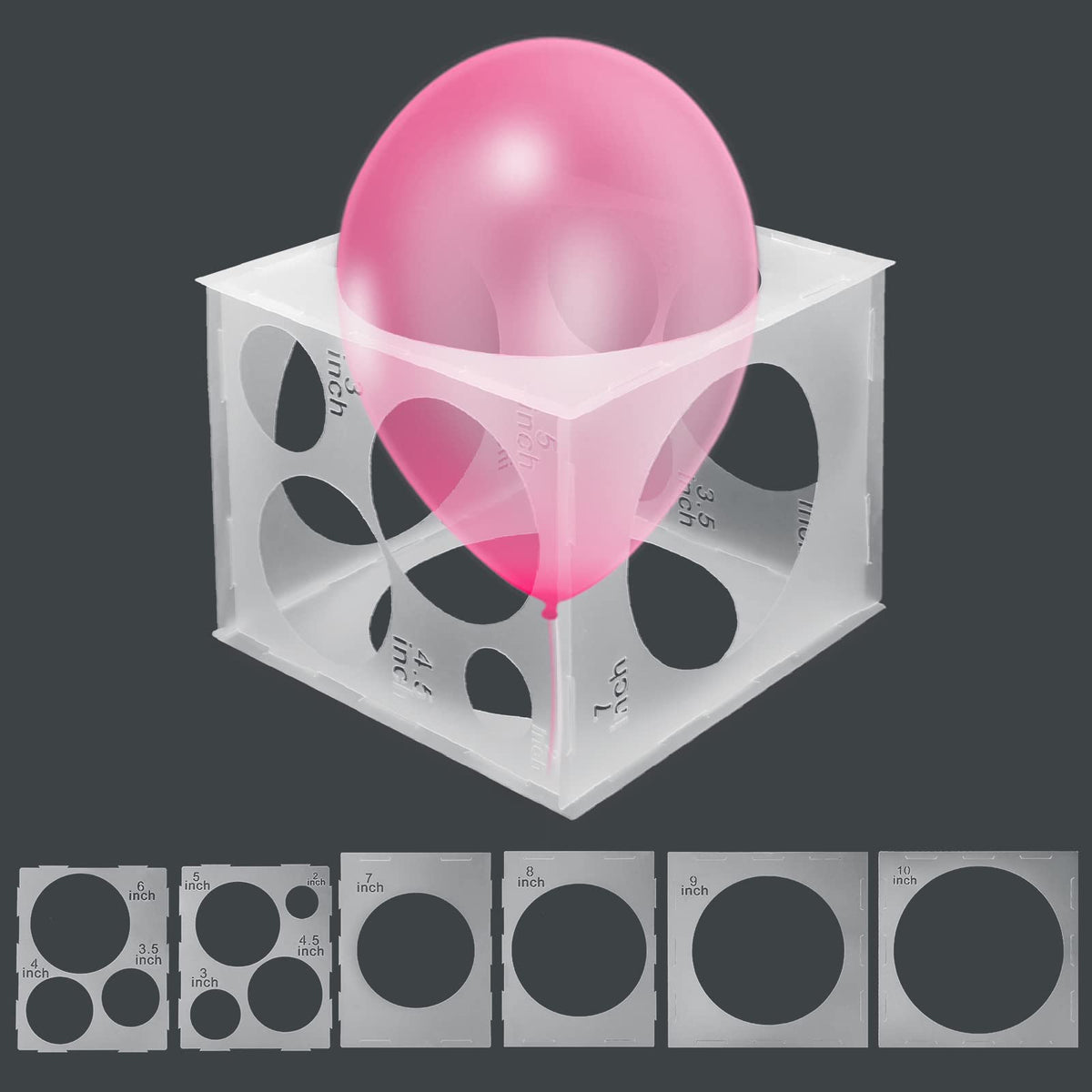 Catcan 11-hole balloon sizer cube front view for precise sizing.