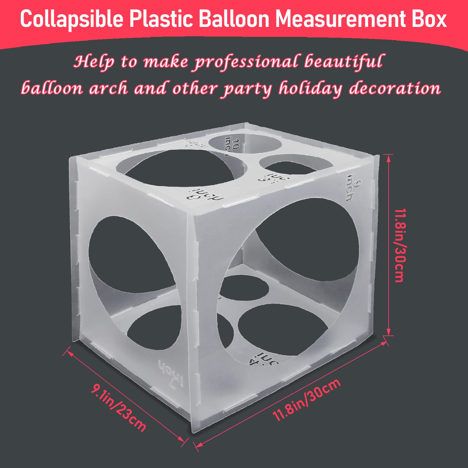 Catcan balloon size measure box with detailed holes for consistent balloons.