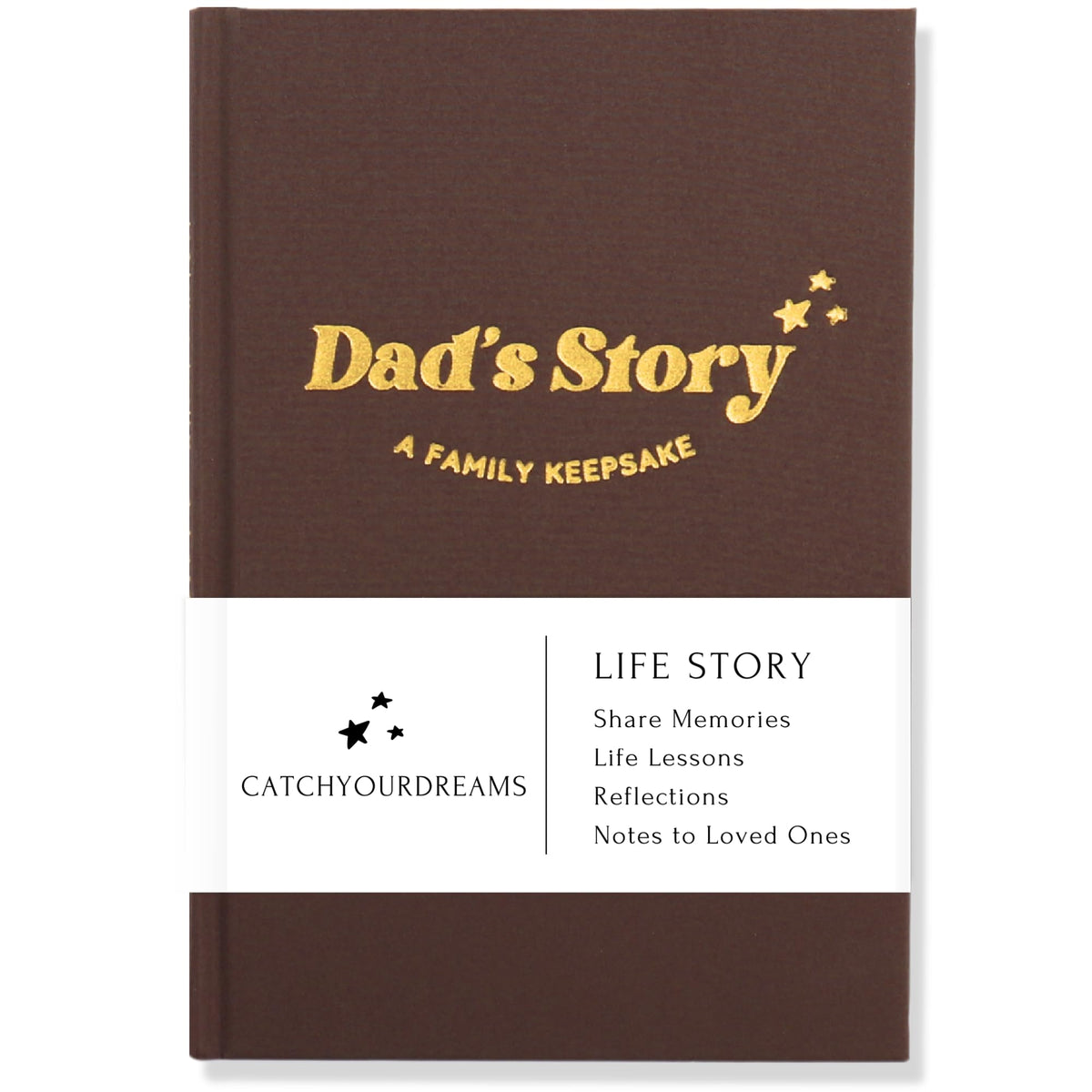 CATCHYOURDREAMS Dad's Story Journal cover highlights heirloom quality for lasting memories.