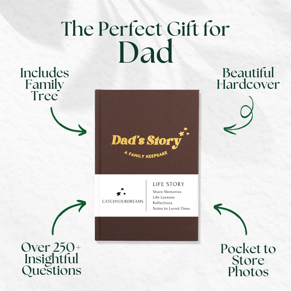 CATCHYOURDREAMS Dad's Story Journal open pages invite personal memories and reflections.
