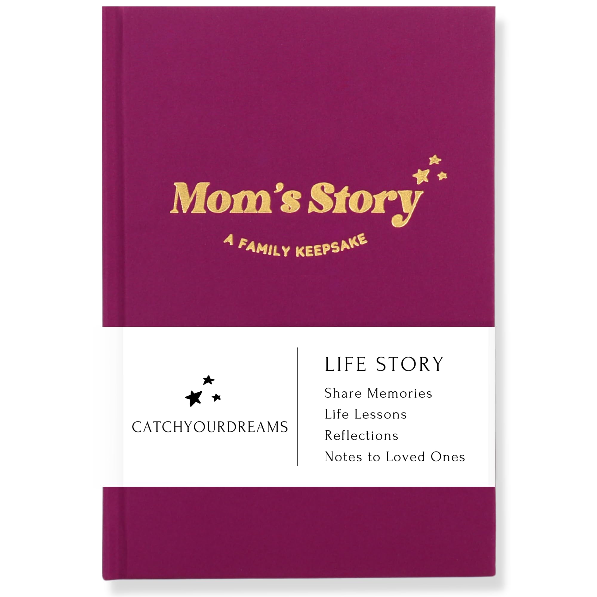 CatchYourDreams Mom's Story Journal hardcover cover close-up showing linen texture and gold title