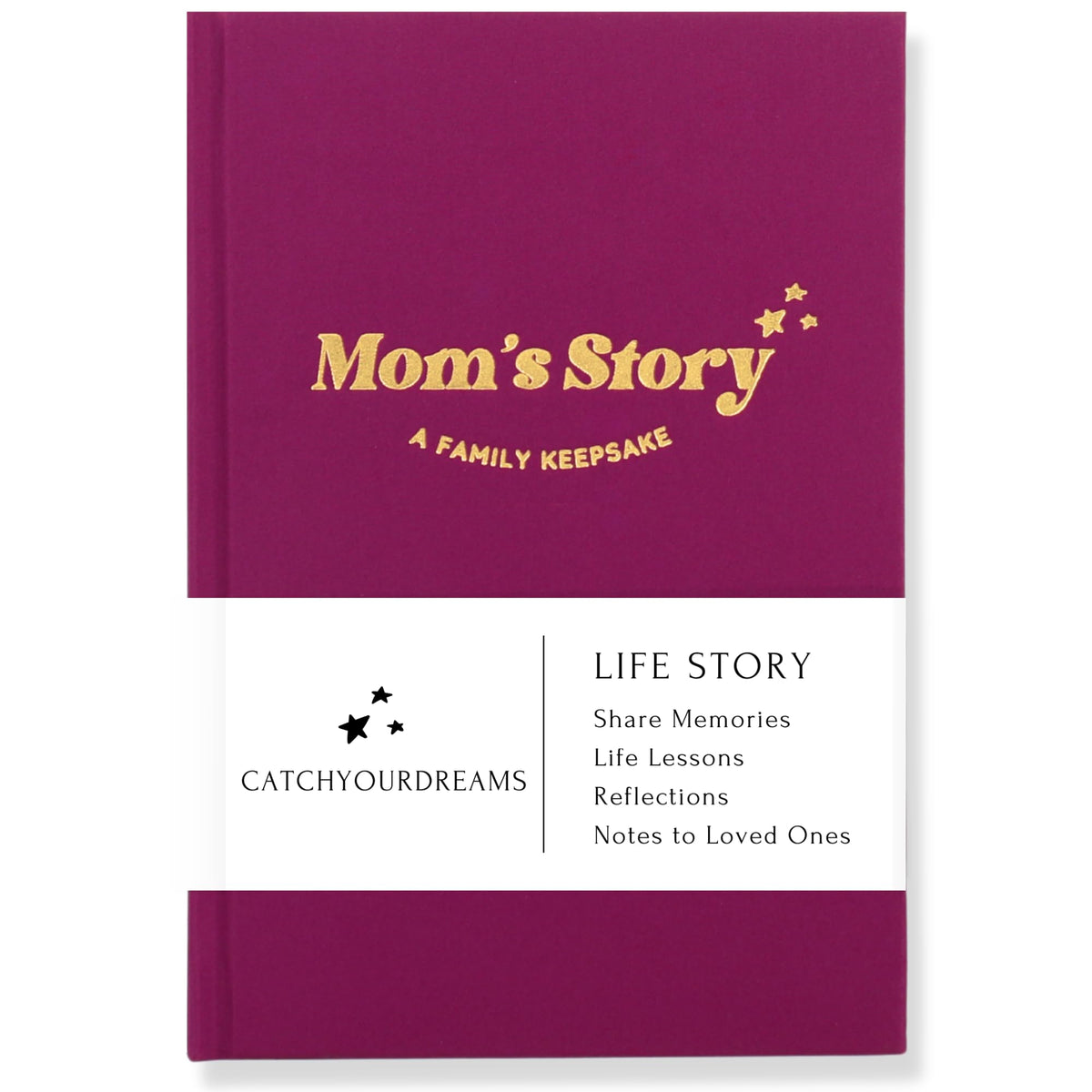 CatchYourDreams Mom's Story Journal hardcover cover close-up showing linen texture and gold title