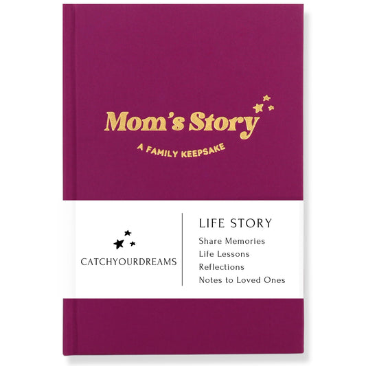 CatchYourDreams Mom's Story Journal hardcover cover close-up showing linen texture and gold title
