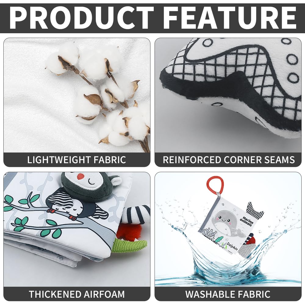Caterbee Black White Contrast Patterns highlight sharp visuals for baby focus.