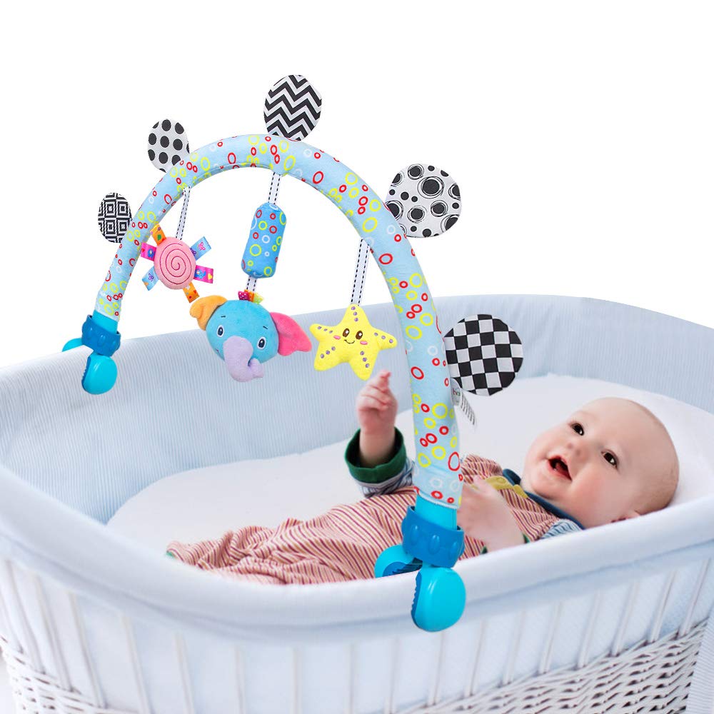 Caterbee Travel Arch Bassinet Elephant toy on stroller for on-the-go entertainment.