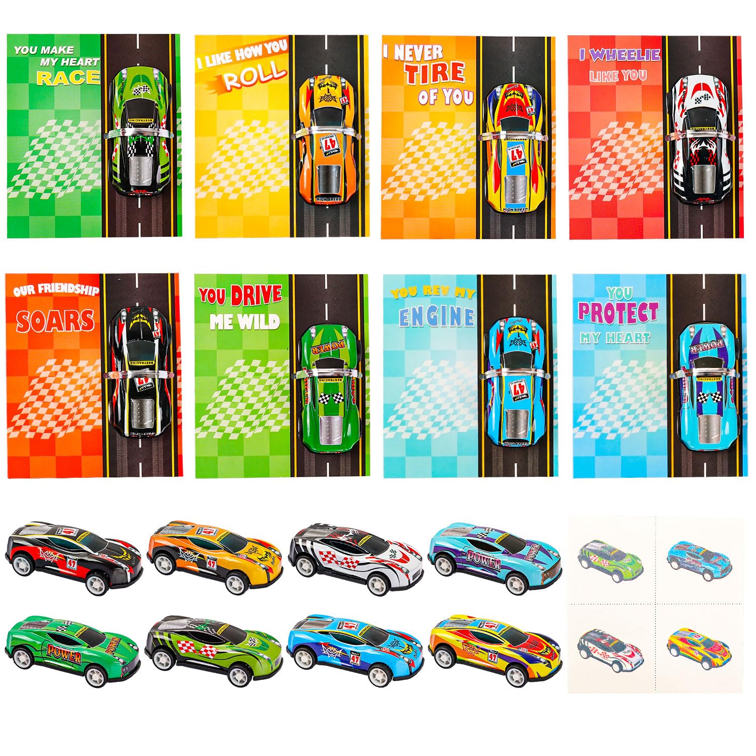 Catnee valentines cards for kids 32-pack showcase playful car designs for classroom exchanges.