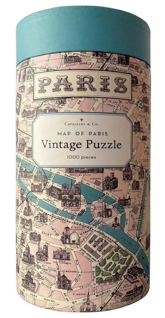 Cavallini & Co Paris Map puzzle cover featuring vintage cartography for immersive puzzle sessions.