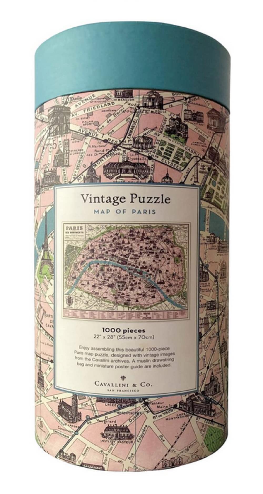 Cavallini & Co Paris Map puzzle packaging with tube and handsewn bag, ideal for gifting.