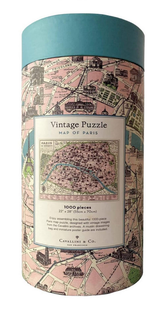 Cavallini & Co Paris Map puzzle packaging with tube and handsewn bag, ideal for gifting.