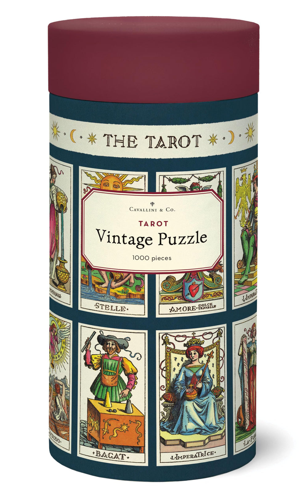 Cavallini & Co. Tarot 1,000-piece puzzle in a protective tube for easy storage.