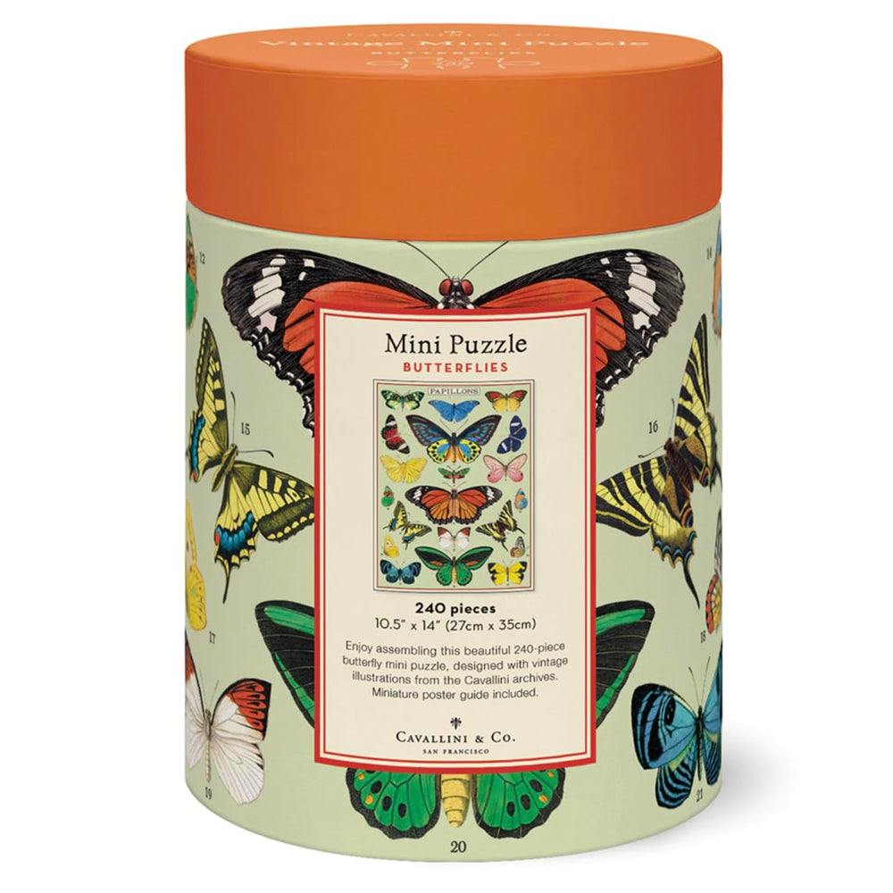 Cavallini mini puzzle butterflies, vibrant colors for cozy evenings and small-space shelves.