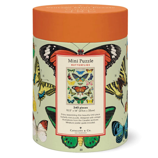 Cavallini mini puzzle butterflies, vibrant colors for cozy evenings and small-space shelves.