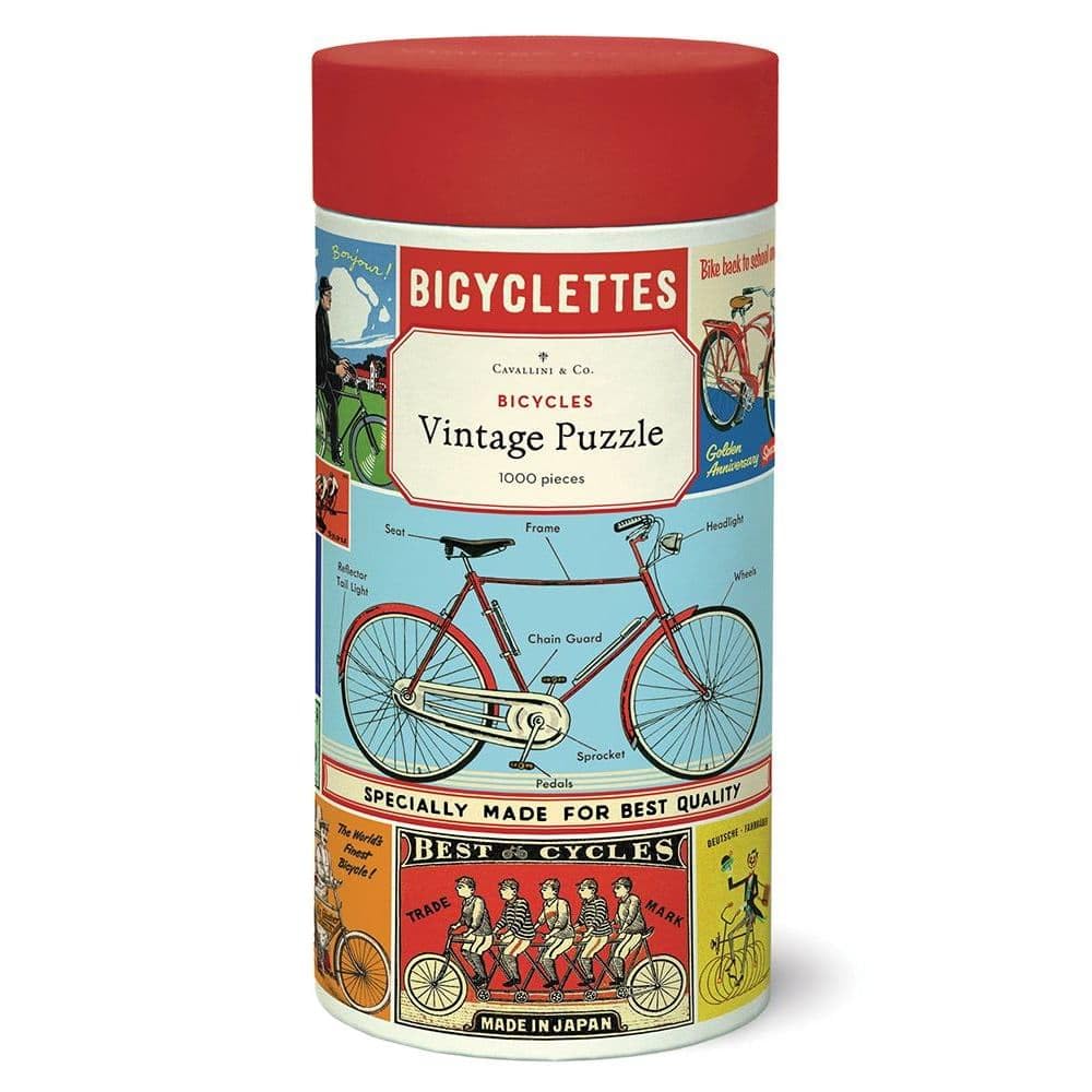 CAVANILLI & CO. vintage bicycles puzzle pieces inside muslin bag offer tidy storage after play.