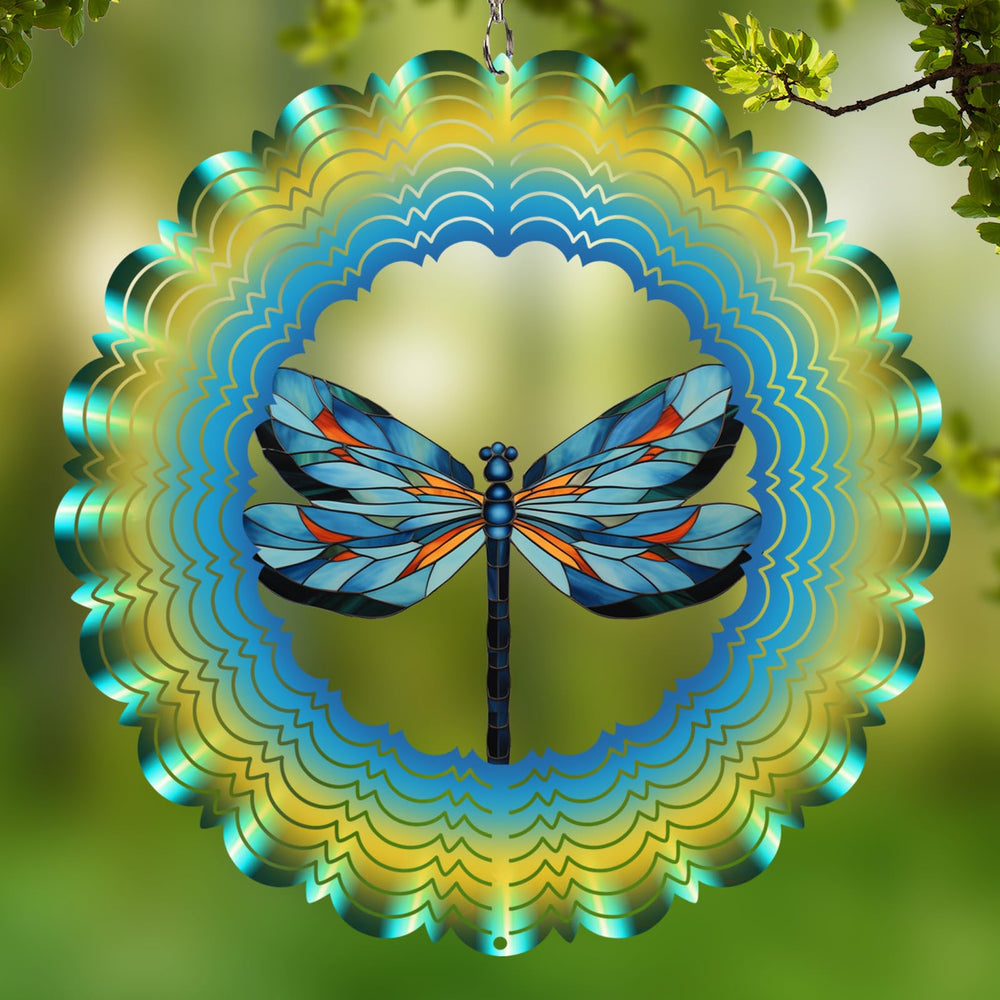 Cawalap dragonfly wind spinner in garden glistens with reflective sparkle in sunlight