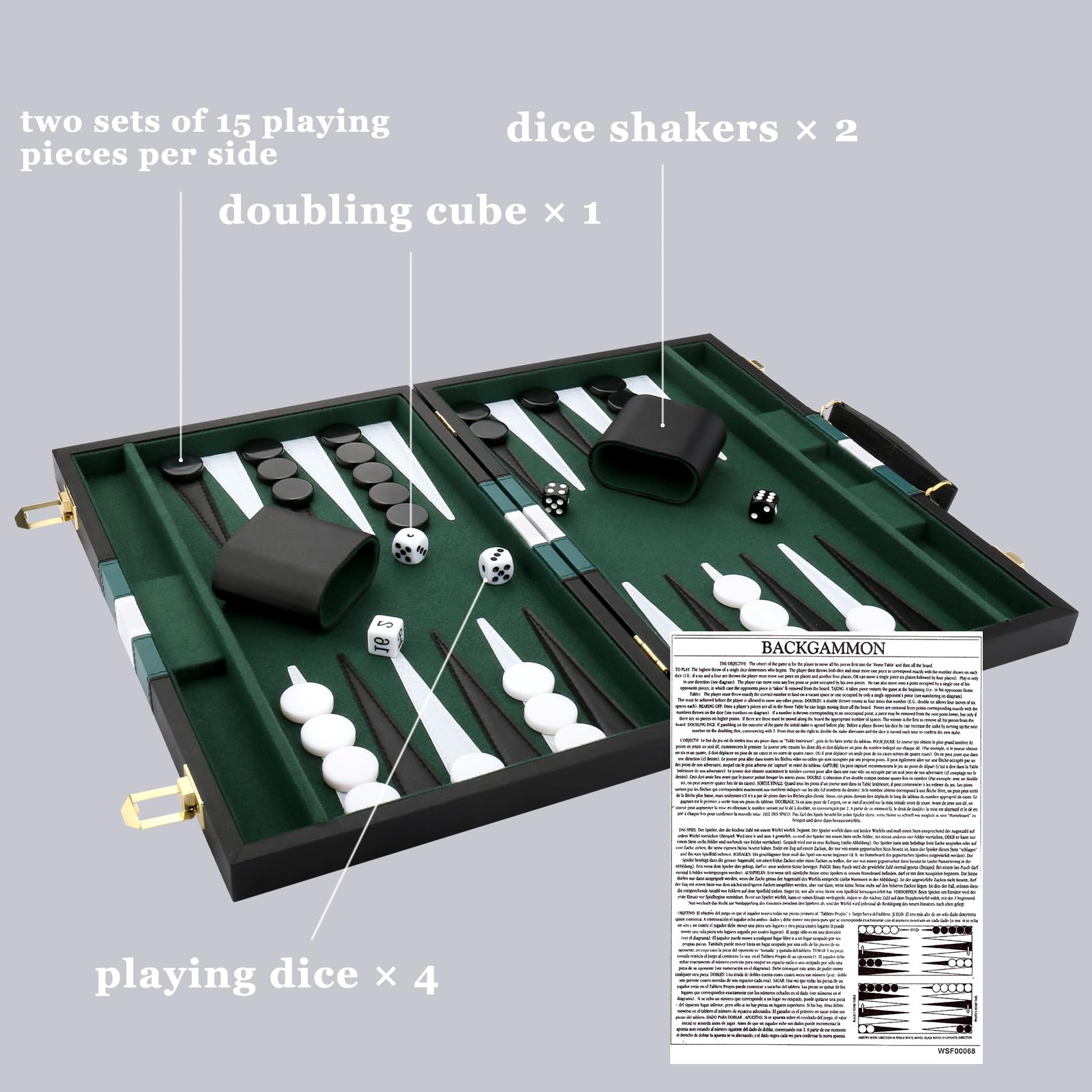 CAYOULR backgammon set's sturdy leatherette buckle and handle enable easy transport.