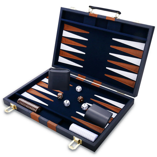 CAYOULR backgammon set with navy leather case, ideal for travel and storage.