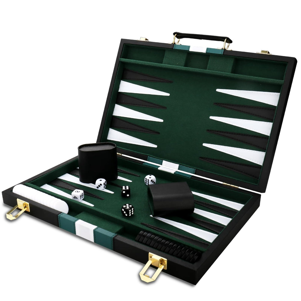 CAYOULR backgammon set with premium leather case, ideal for travel and stylish game nights.