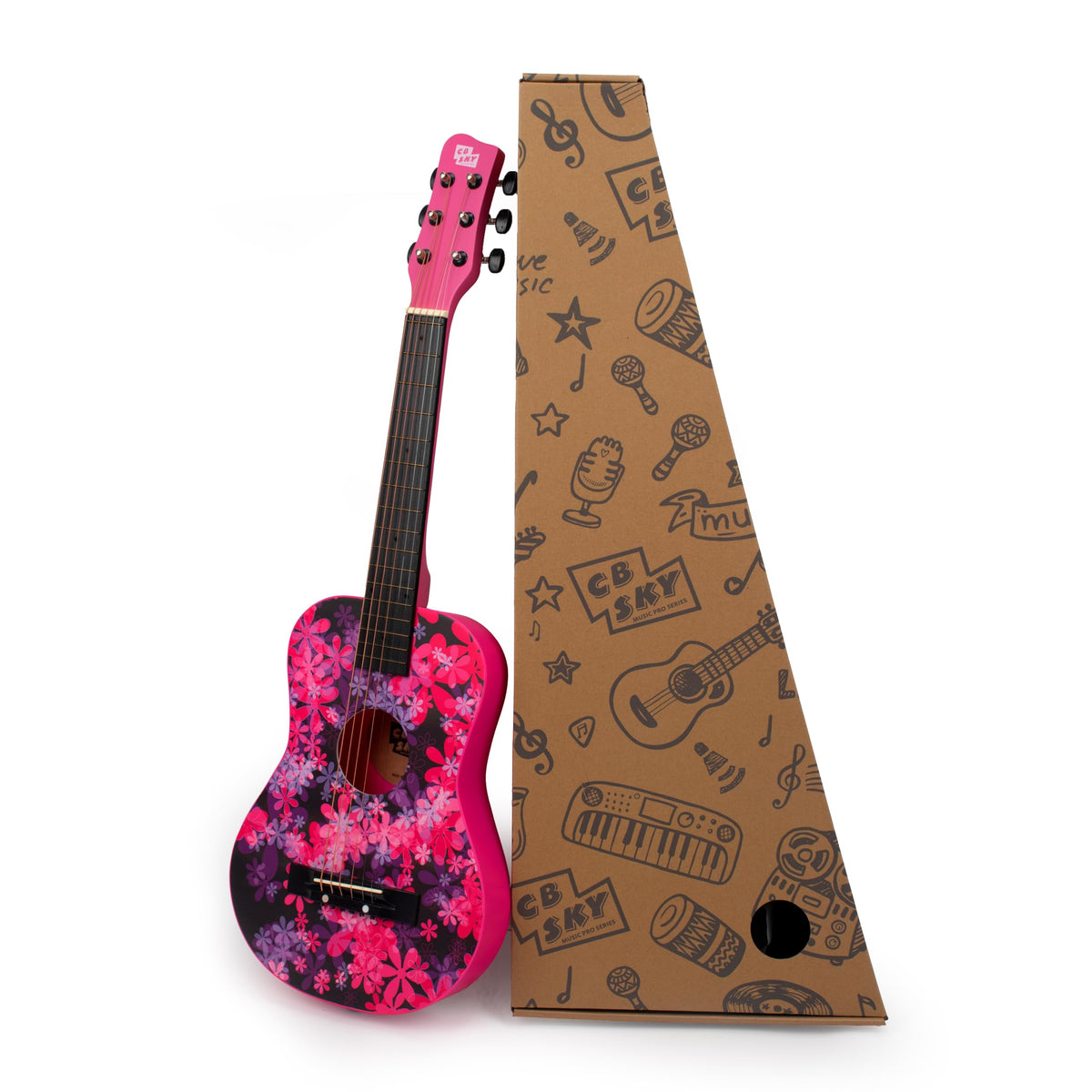 CB SKY 30-inch floral acoustic guitar front view, ideal starter instrument for kids.