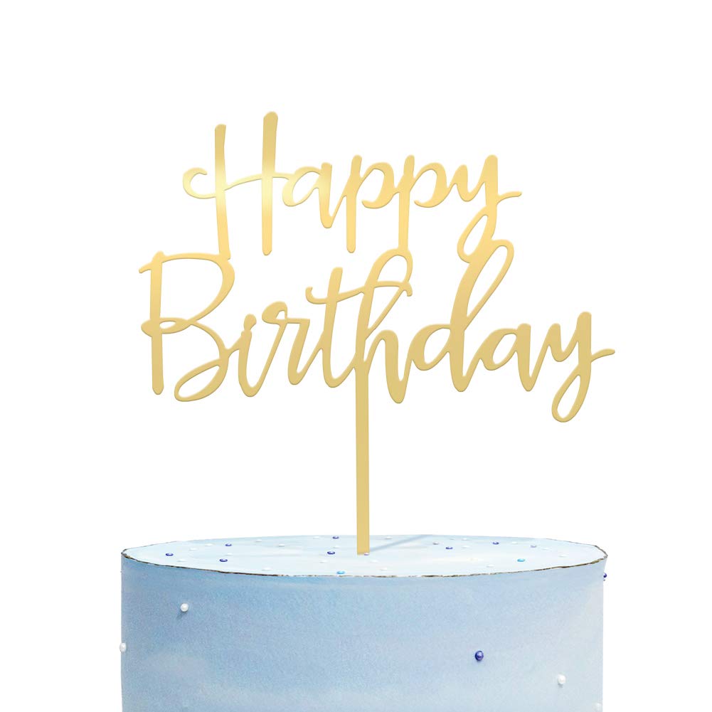 CC TOWN Happy Birthday mirrored gold topper adds elegant cake decoration.