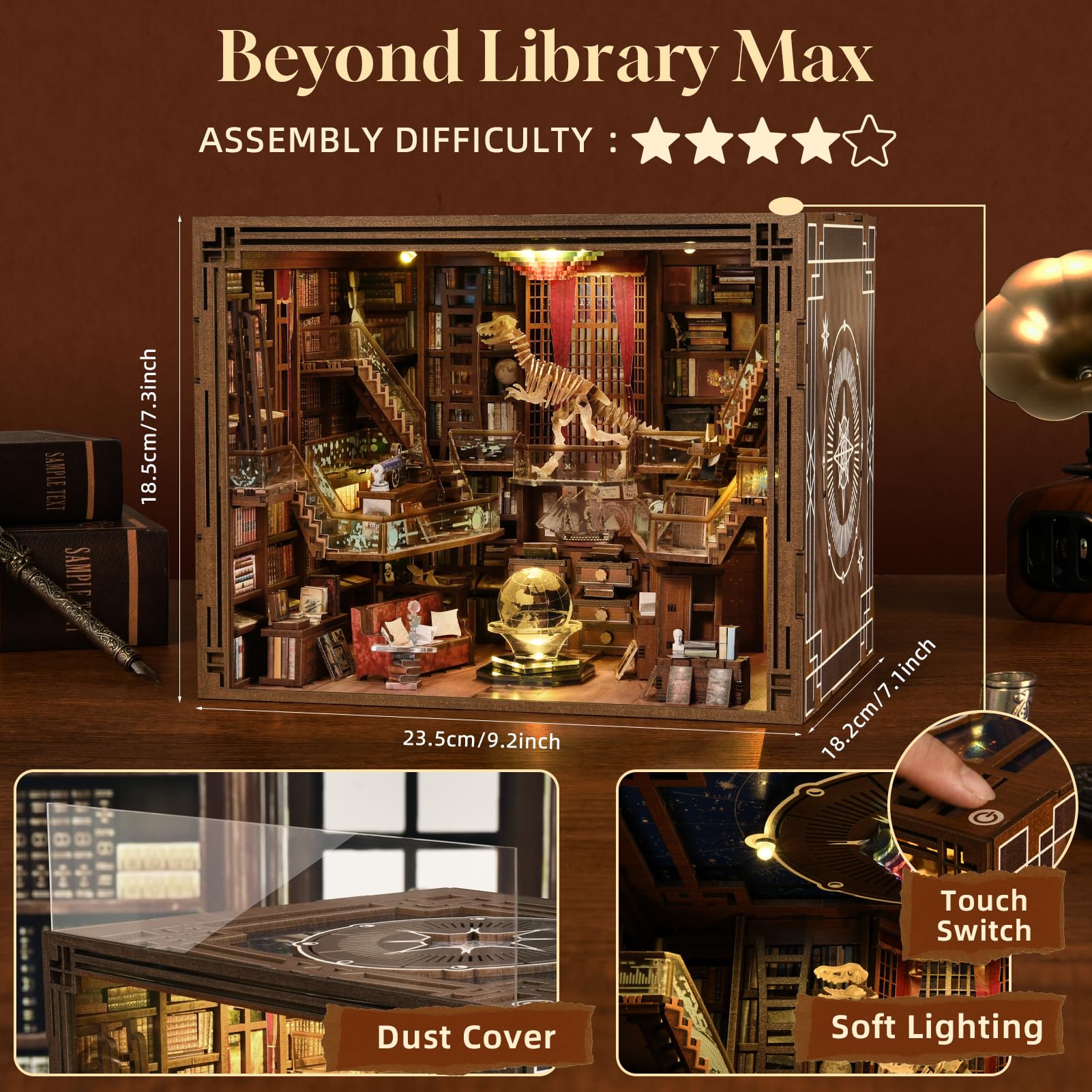 CCCDF Book Nook Kit LED-lit view reveals warm glow for a cozy study ambiance.