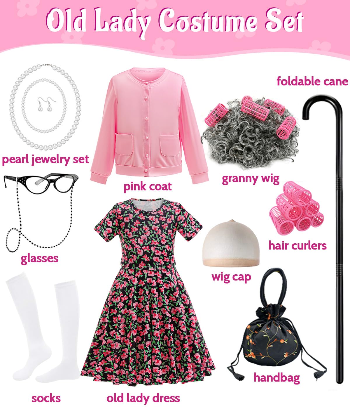 CCJRLM pink coat and Granny wig elevate the vintage vibe for memorable costume days.