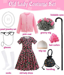 CCJRLM pink coat and Granny wig elevate the vintage vibe for memorable costume days.
