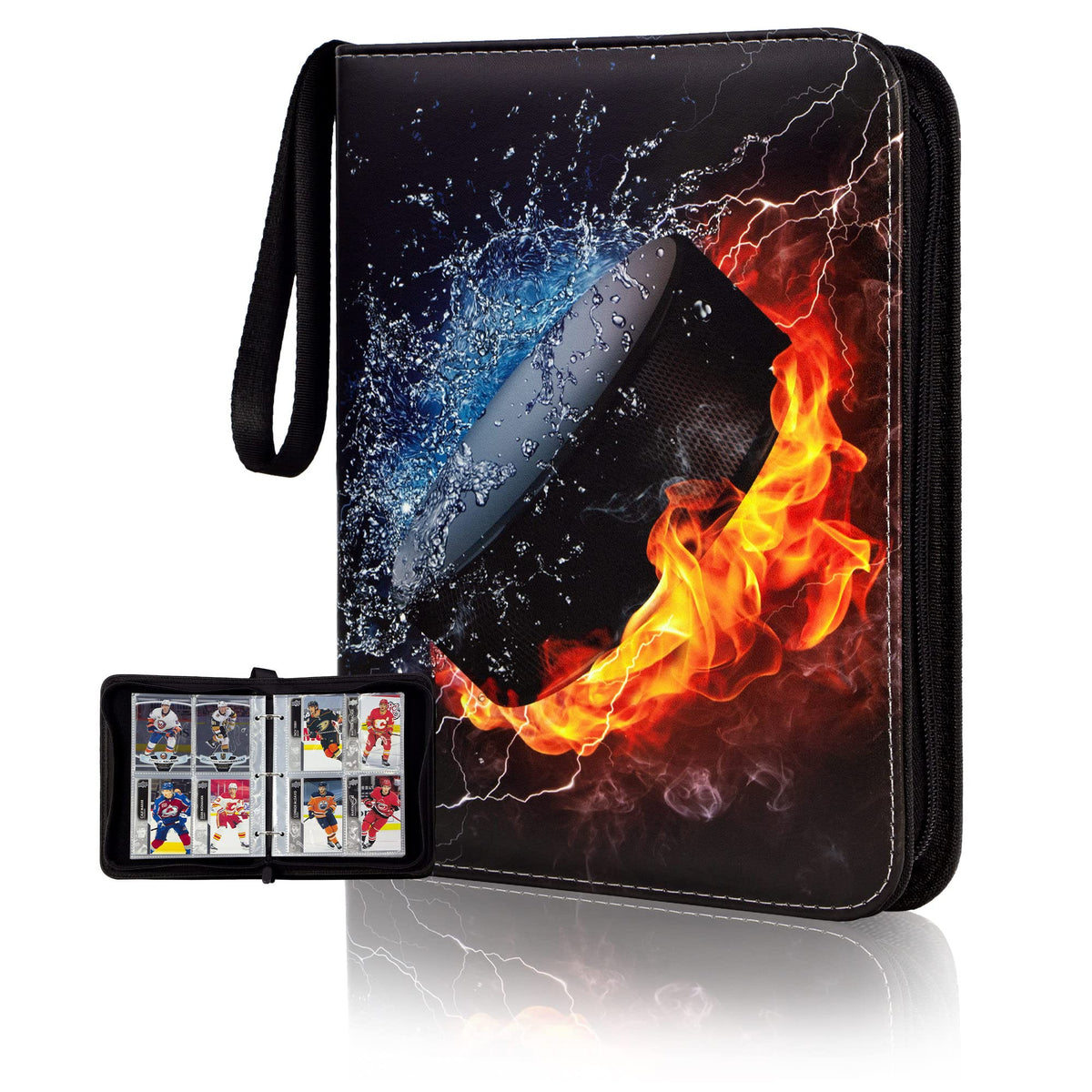 CDROPS card binder with ice hockey cover keeps collections organized.