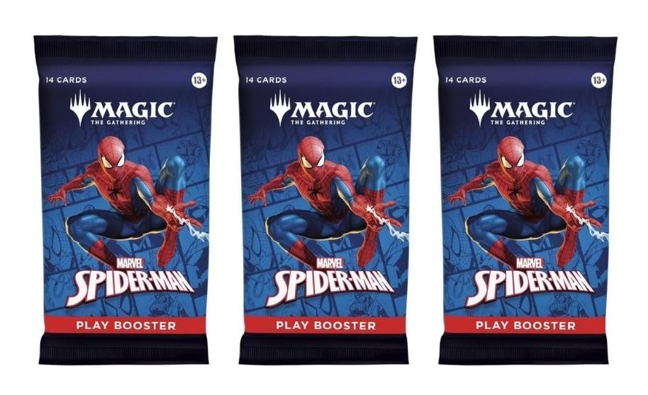 CE 3-pack MTG Spider-Man booster front view showing card variety and potential rare pulls