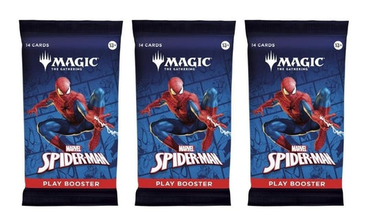 CE 3-pack MTG Spider-Man booster front view showing card variety and potential rare pulls