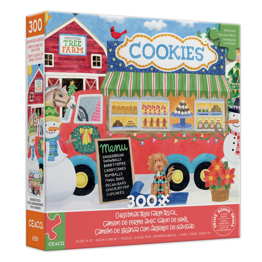 Ceaco Christmas Tree Farm Truck box front, a festive puzzle gift for family game night.