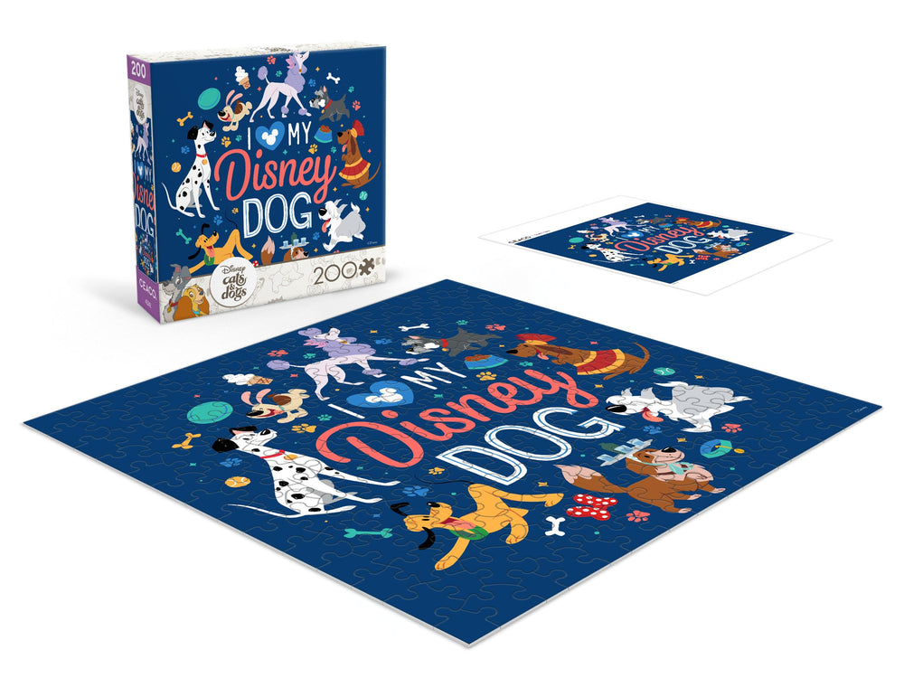 Tabletop setup shows cozy, social puzzling sessions with the Disney dogs.
