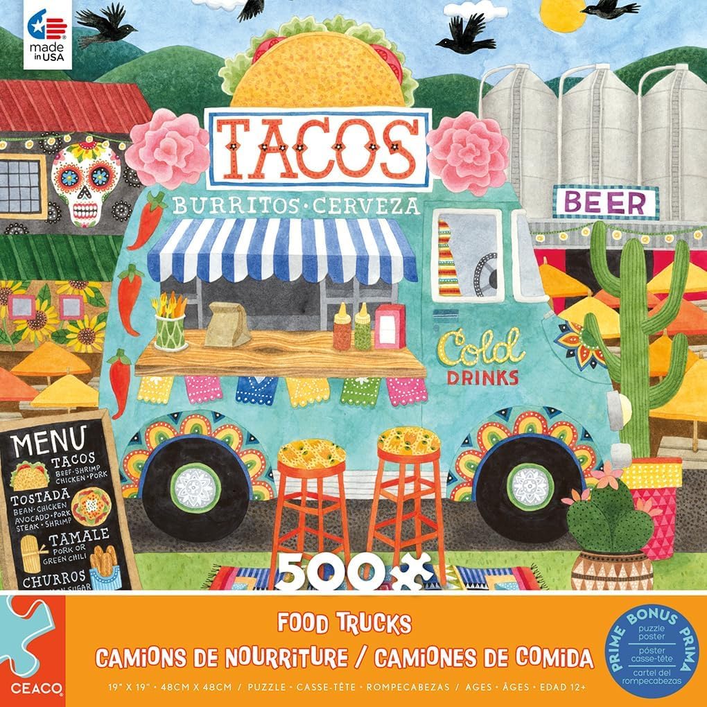 Ceaco colorful fiesta art on the Taco Truck puzzle frame and accents