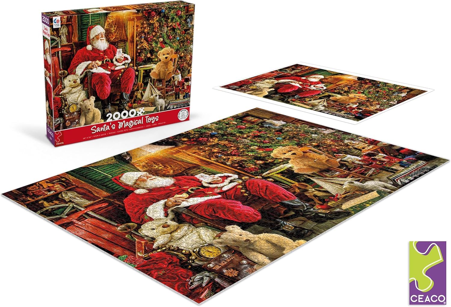 Ceaco Holiday Santa Ornaments Display features bright artwork ideal for display after solving.