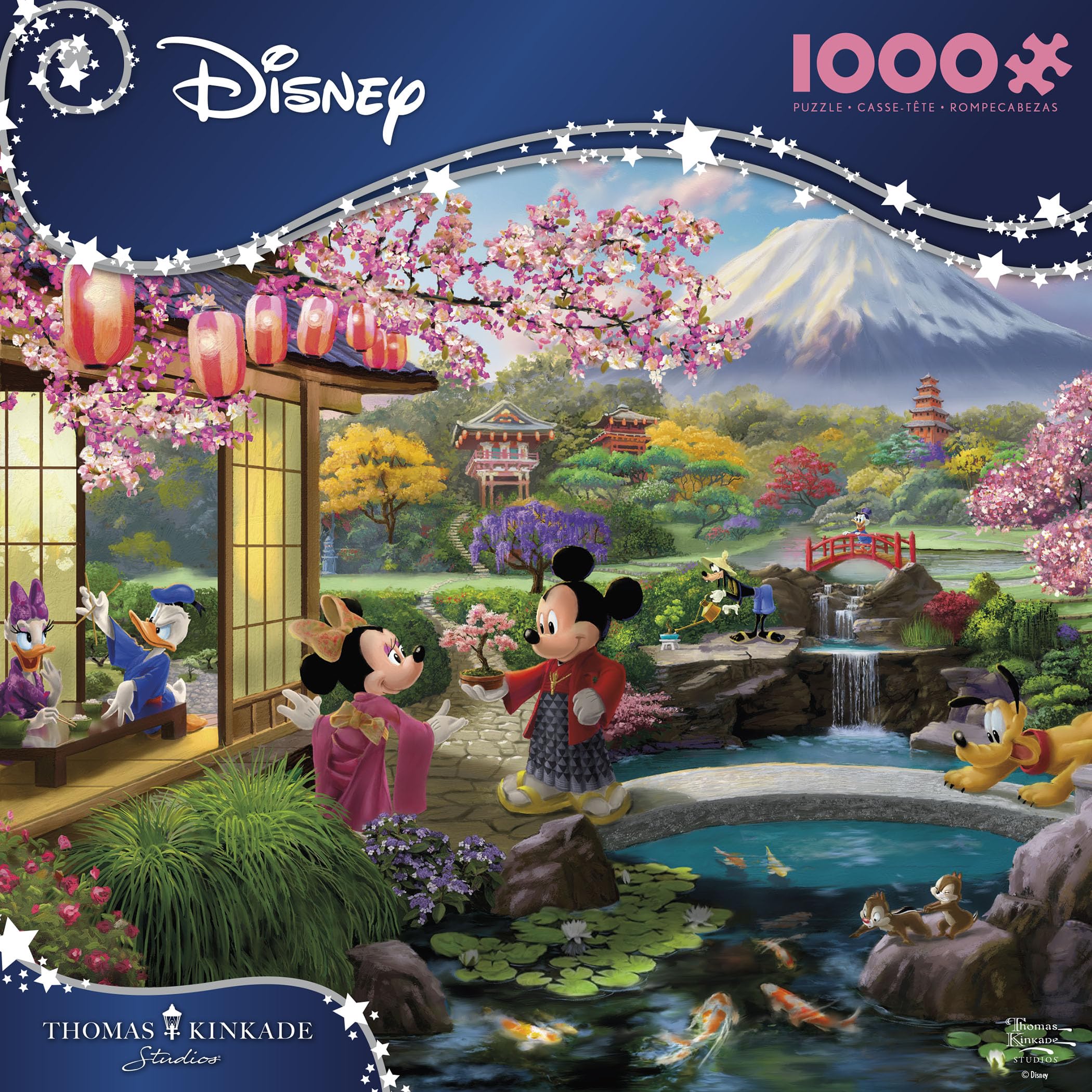 Ceaco Miyabi garden artwork of Mickey and Minnie supports relaxing, detailed jigsaw assembly