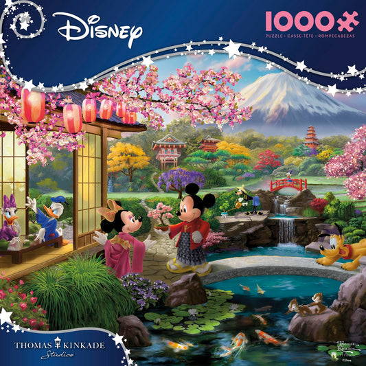 Ceaco Miyabi garden artwork of Mickey and Minnie supports relaxing, detailed jigsaw assembly