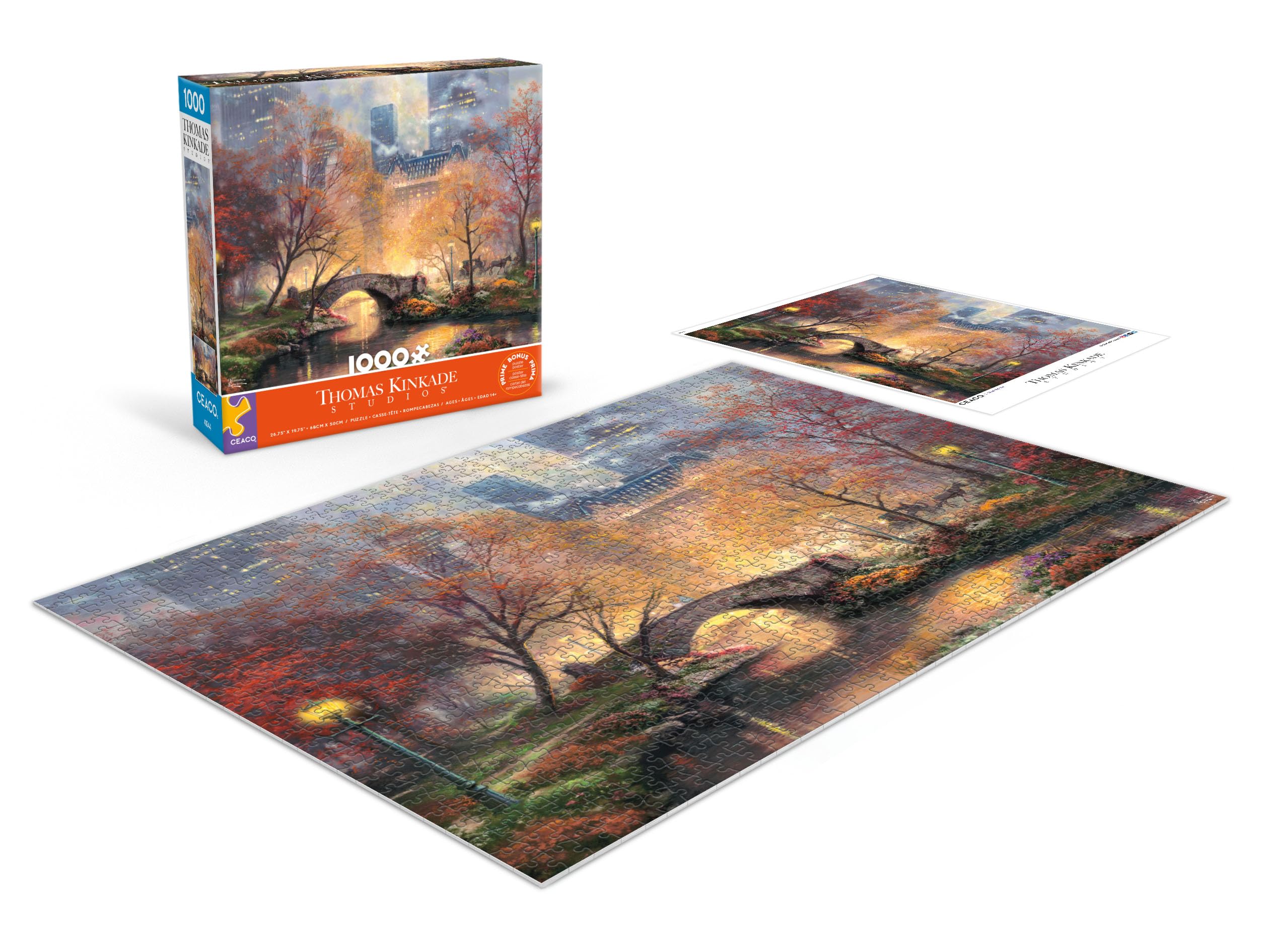 Ceaco Thomas Kinkade autumn foliage and city reflections highlight vivid colors for a relaxing challenge.