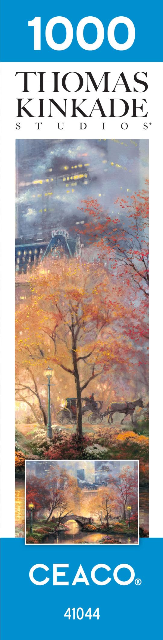 Ceaco Thomas Kinkade Central Park fall puzzle finished dimensions 26.75 by 19.75 inches.