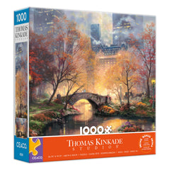 Ceaco Thomas Kinkade Central Park fall puzzle front cover for immersive autumn evenings.