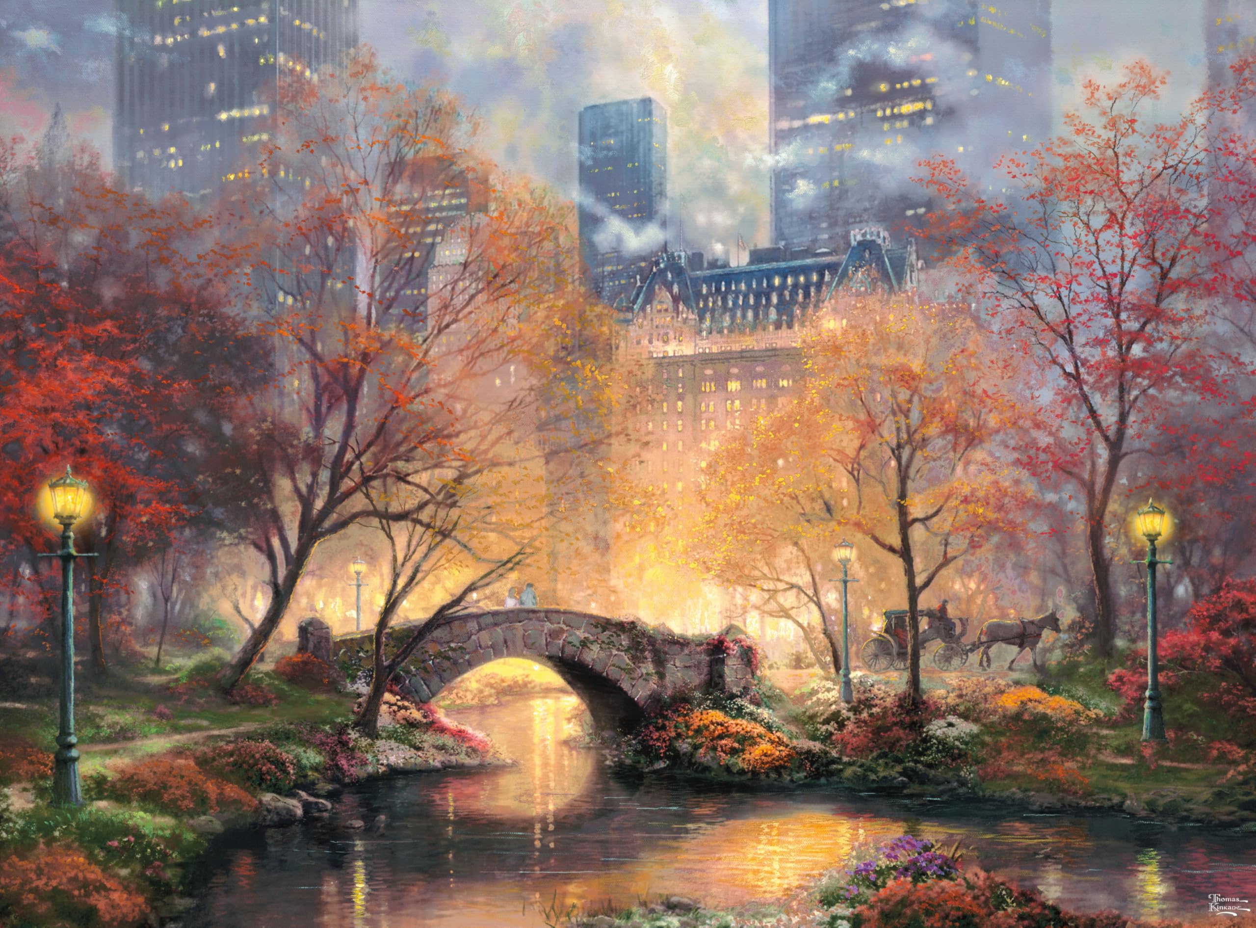 Ceaco Thomas Kinkade lamplight paths image promotes calm focus during family puzzle night.