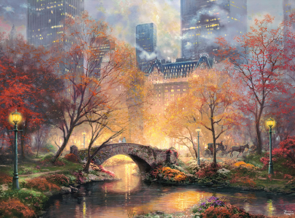 Ceaco Thomas Kinkade lamplight paths image promotes calm focus during family puzzle night.
