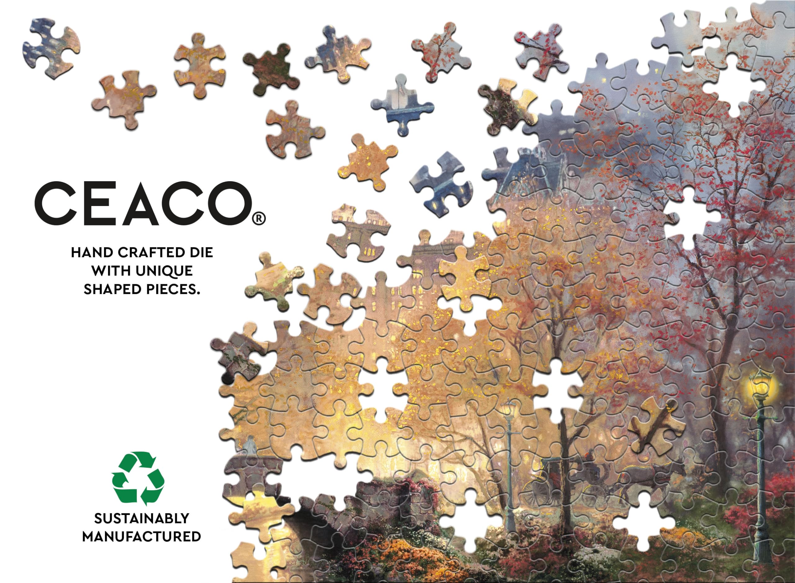 Ceaco Thomas Kinkade Central Park fall puzzle poster included for quick reference.