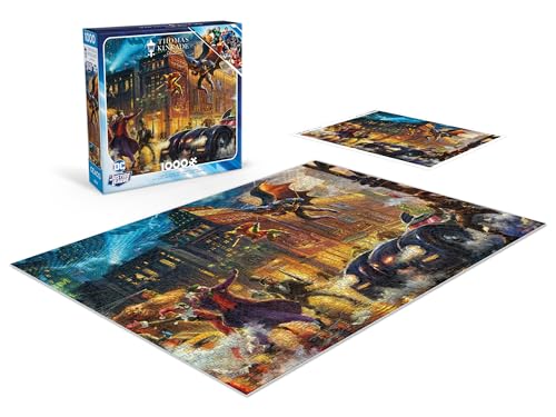Ceaco Justice League puzzle on table, completed scene ideal for cozy family gatherings.
